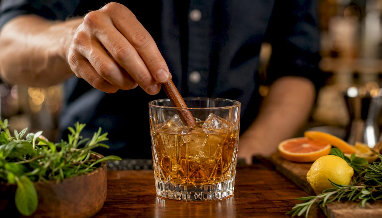 Hand adding cinnamon to whisky cocktail
