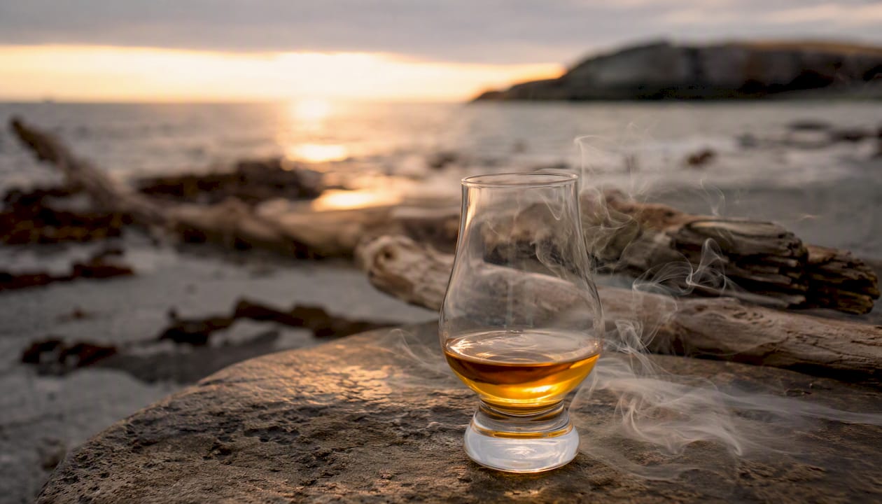 Whisky glass with smoke and coastal vibes