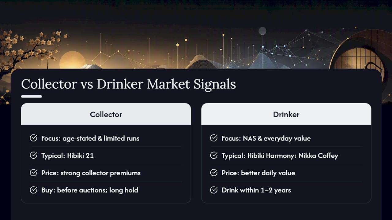 Diagram comparing collector and drinker whisky market traits