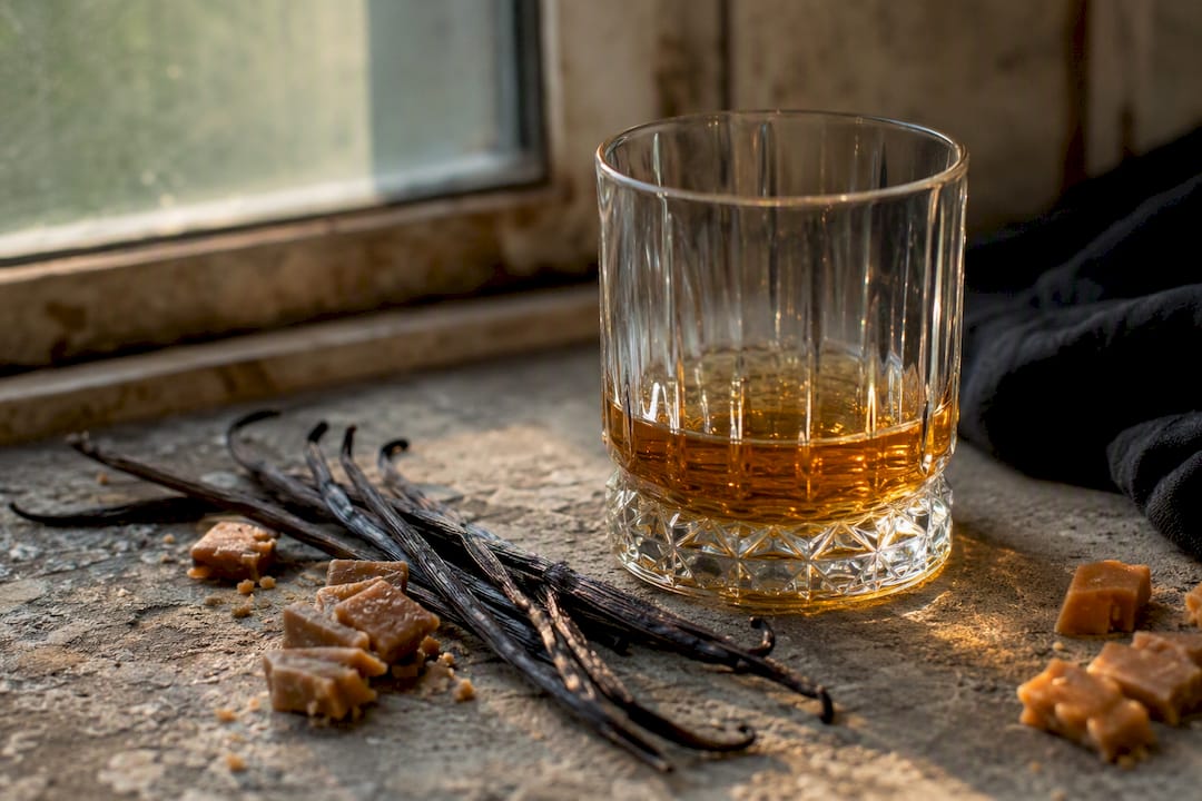 Whiskey glass with vanilla beans and toffee