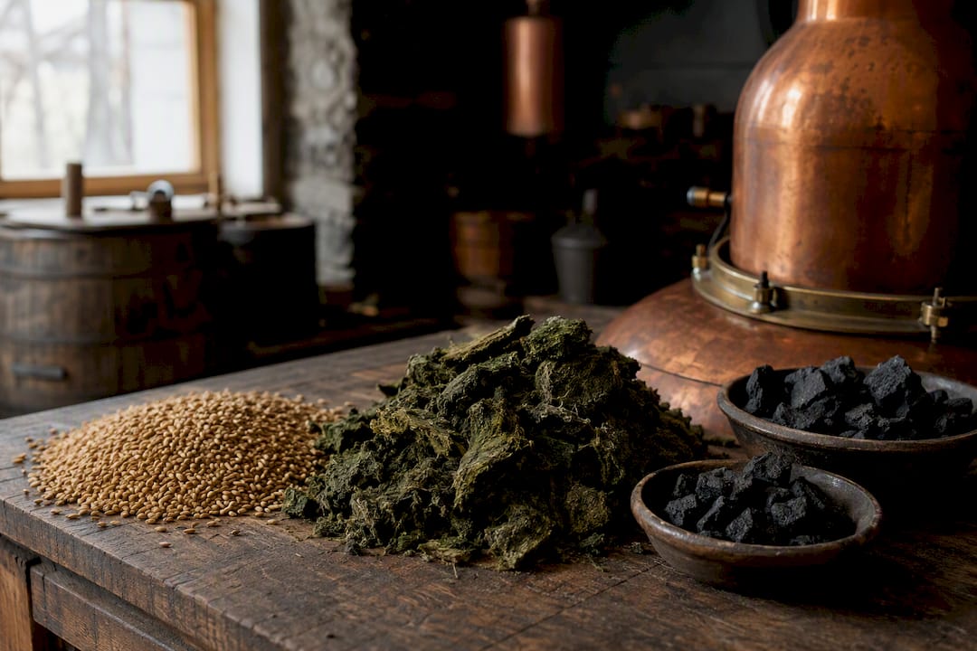 Whisky production raw ingredients on table