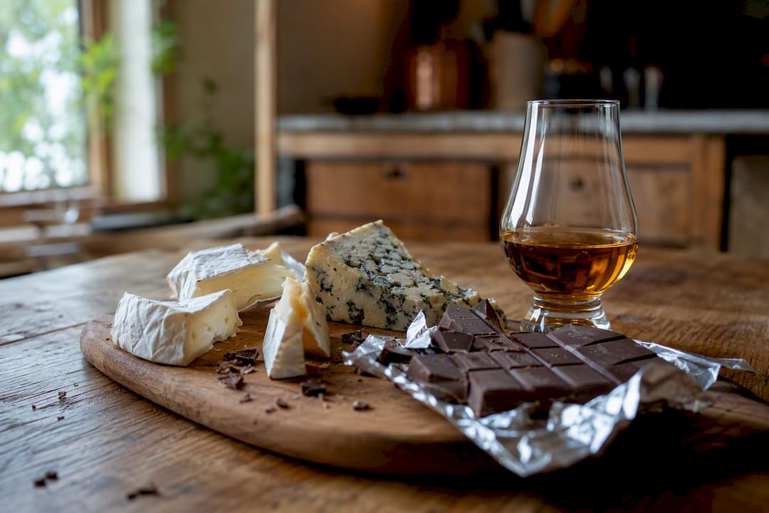 Whisky glass with cheese and dark chocolate pairings