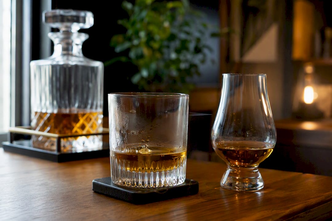 Whisky glasses and decanter on bar counter