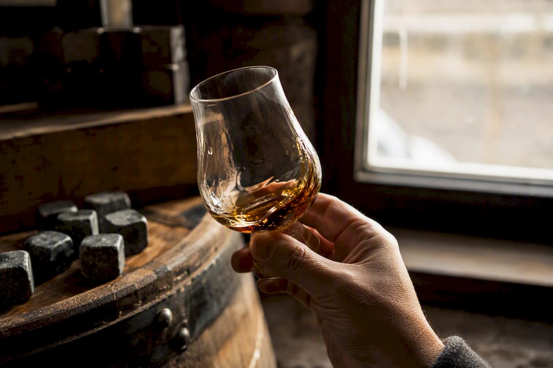 Close-up of whisky glass holding single cask whisky