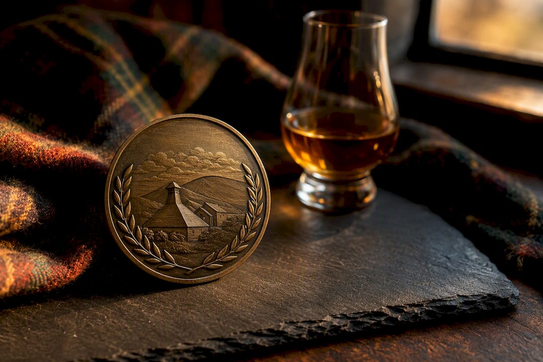 Close-up of whisky competition medal
