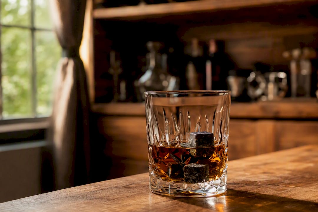 Whisky glass with whisky stones cooling drink