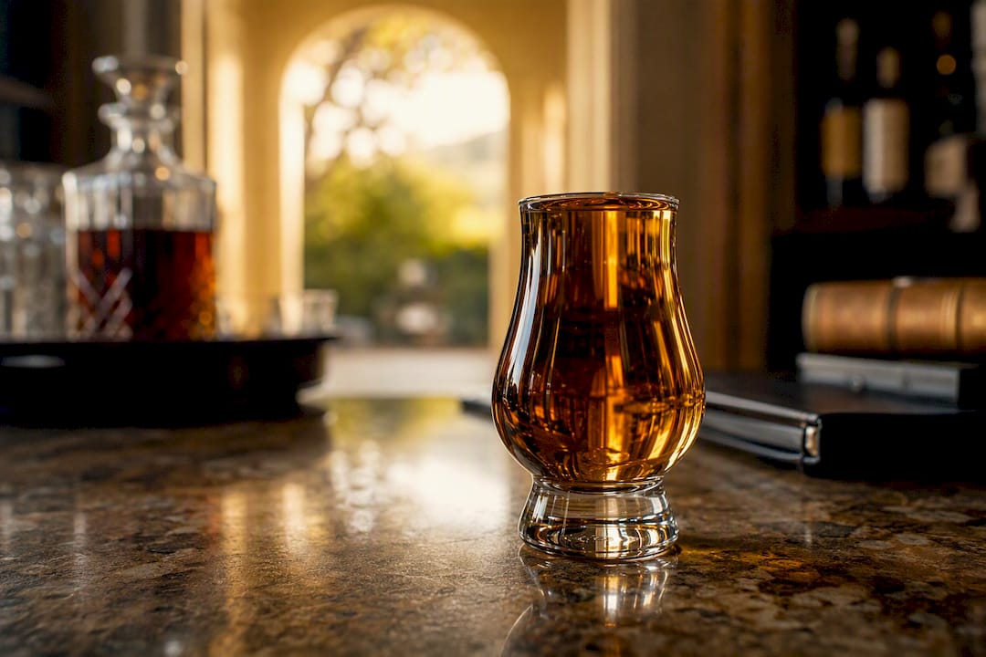 Glencairn whisky glass on bar counter