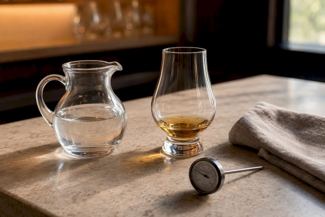 Water jug beside whisky tasting glass