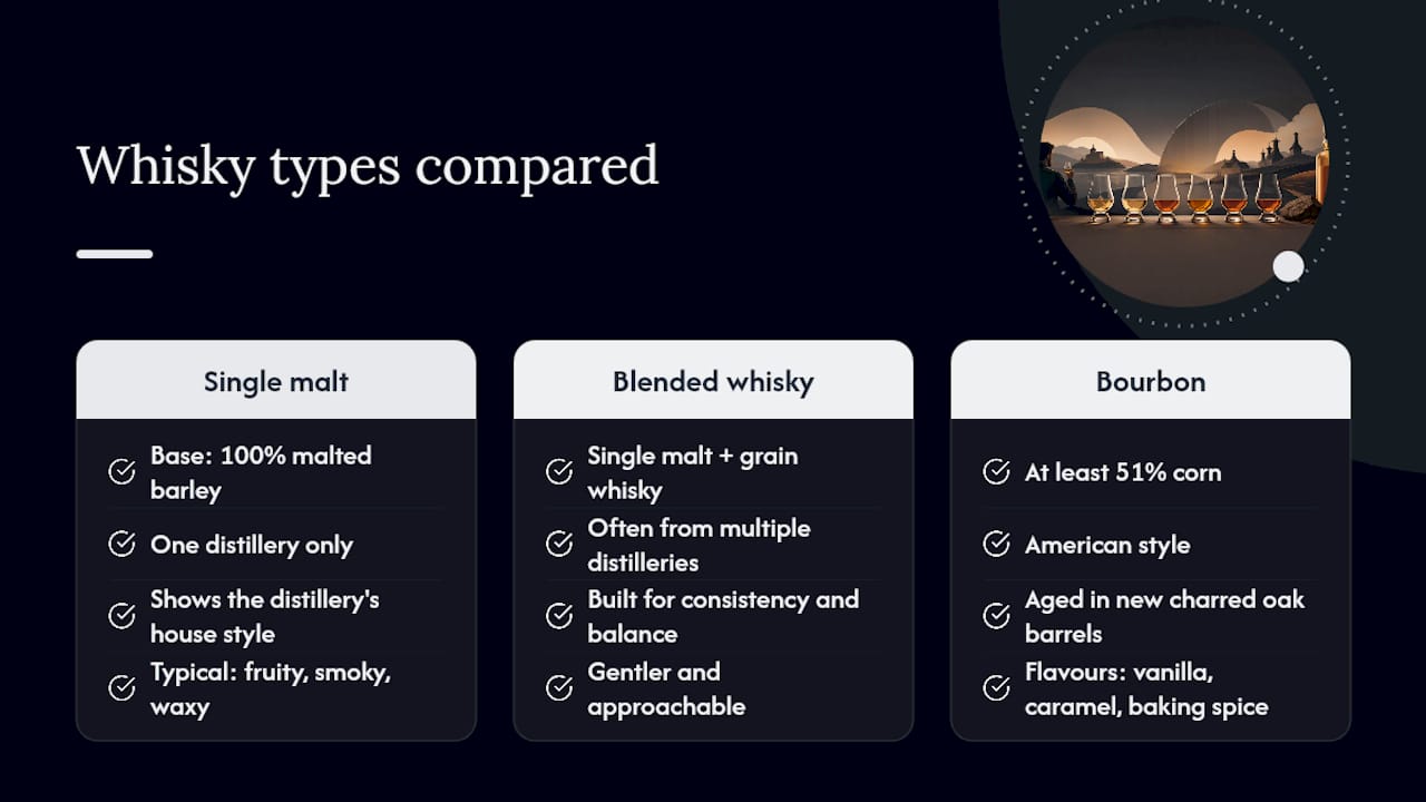 What's the difference between single malt, blended and bourbon? — overview diagram