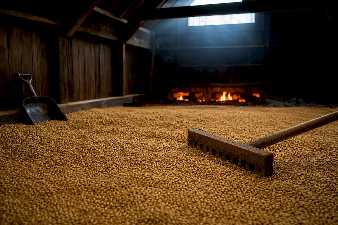 Malted barley drying over peat fire