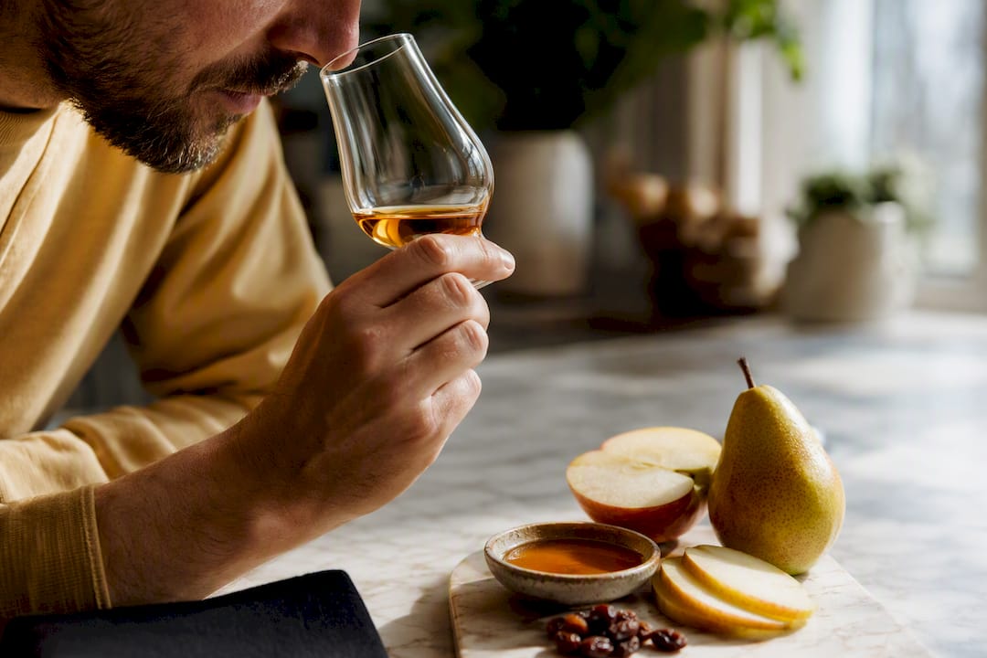 Whisky tasting glass with fruit and honey