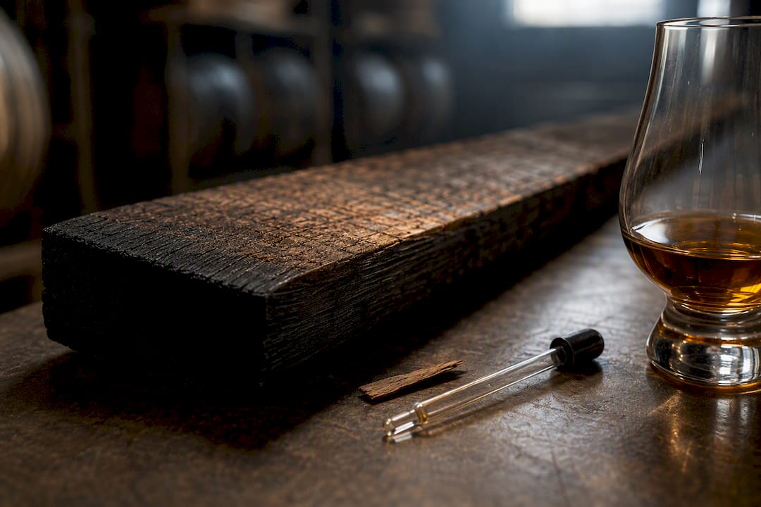 Charred cask stave beside whisky glass