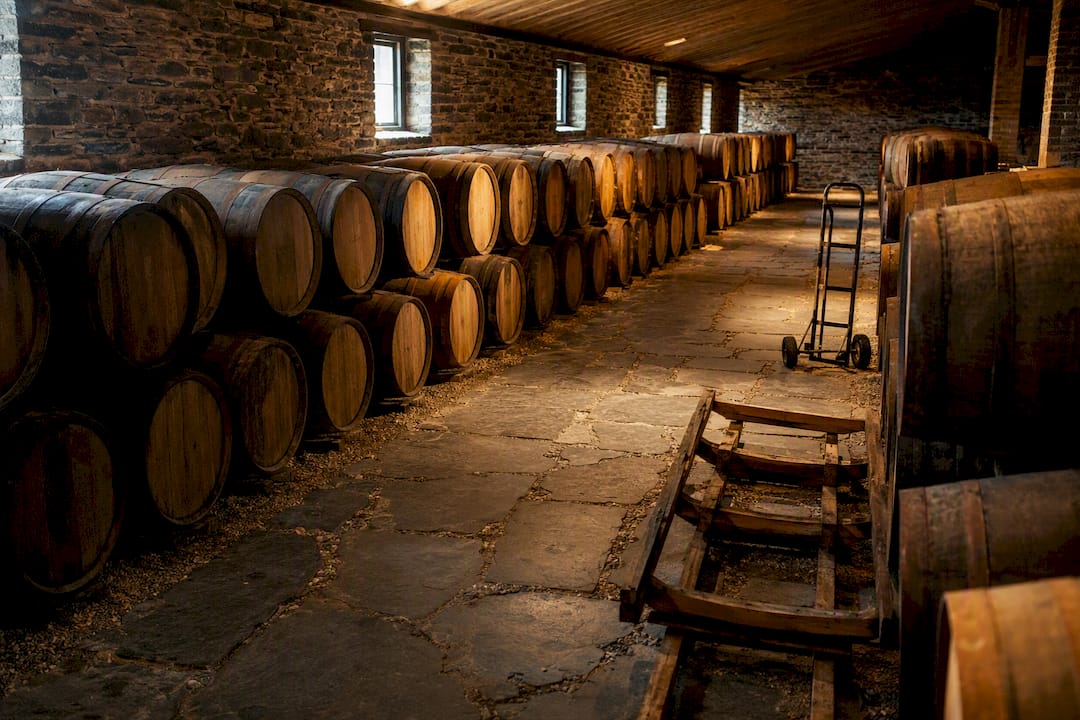 Casks stored in a traditional dunnage warehouse