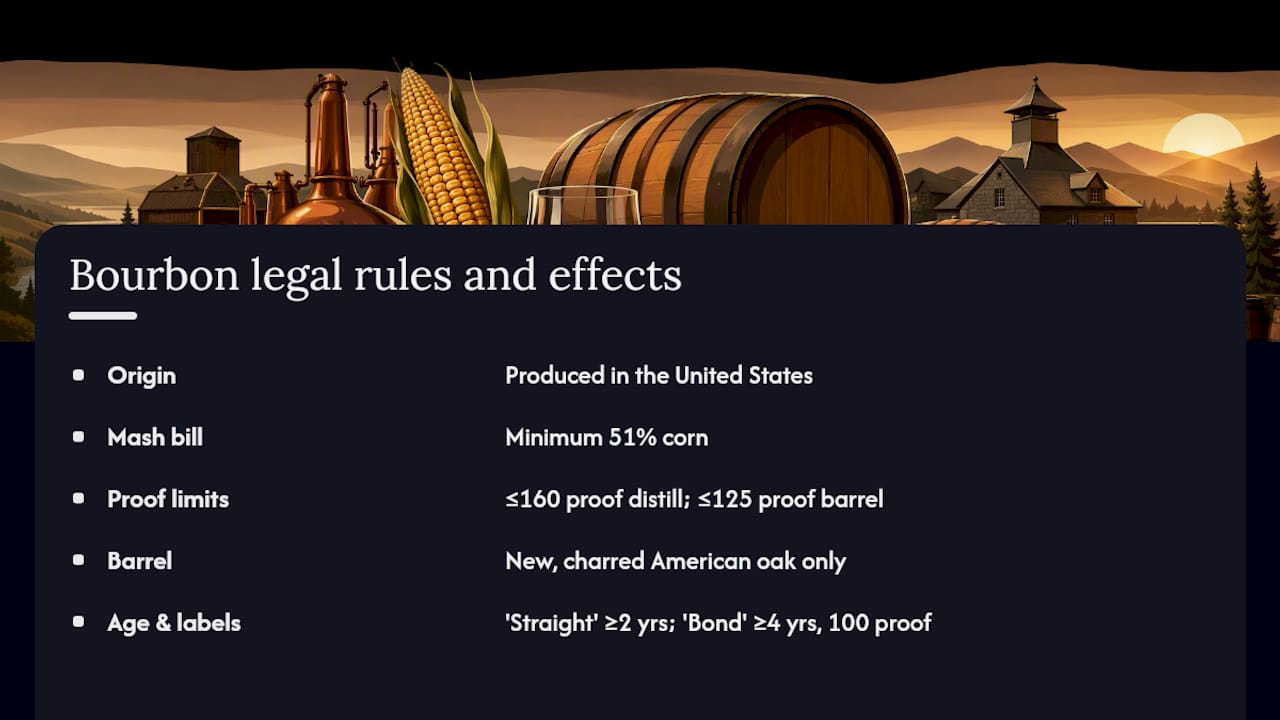 What legally defines bourbon, and how does it taste? — overview diagram