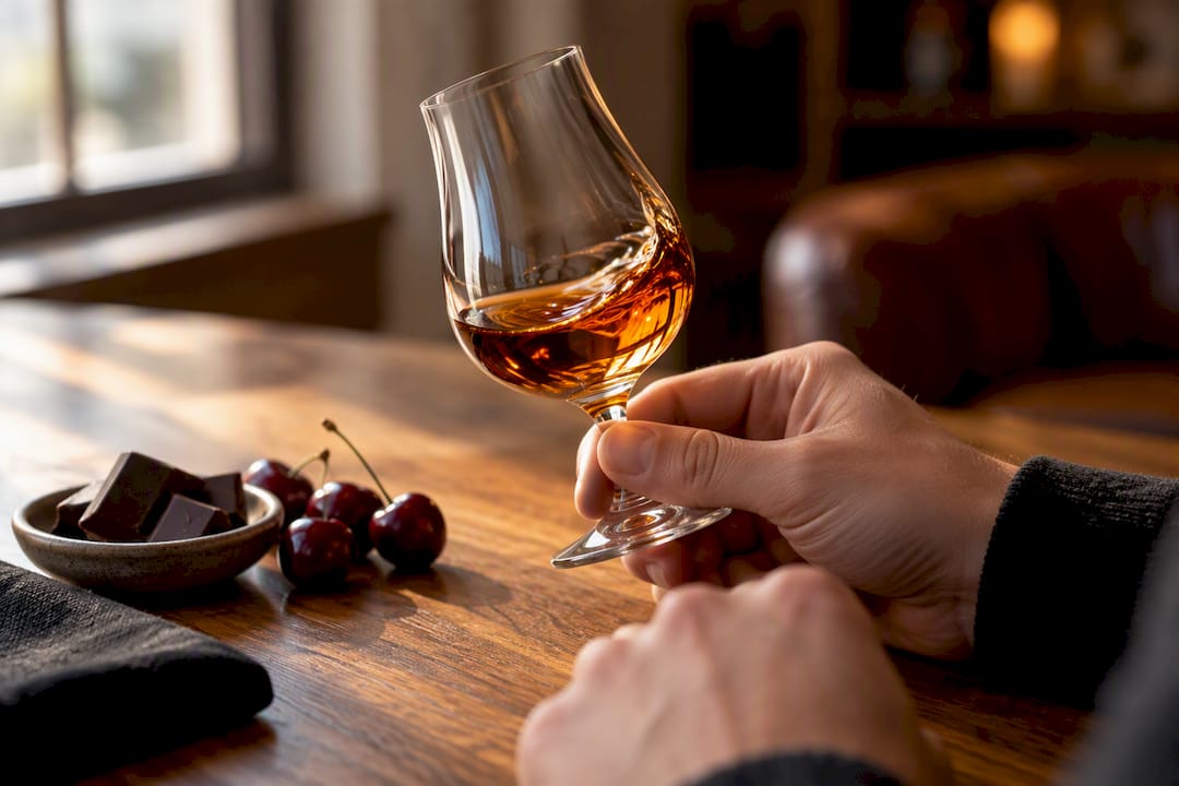 Hands swirling amber bourbon in tasting glass