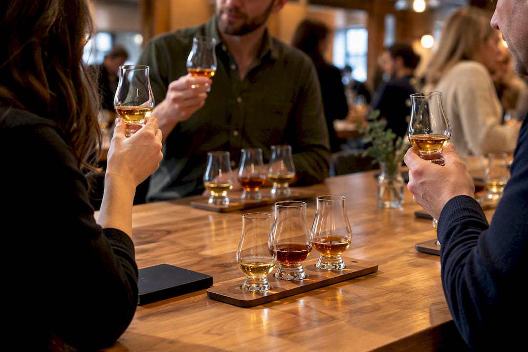 Visitors comparing whisky pours at festival