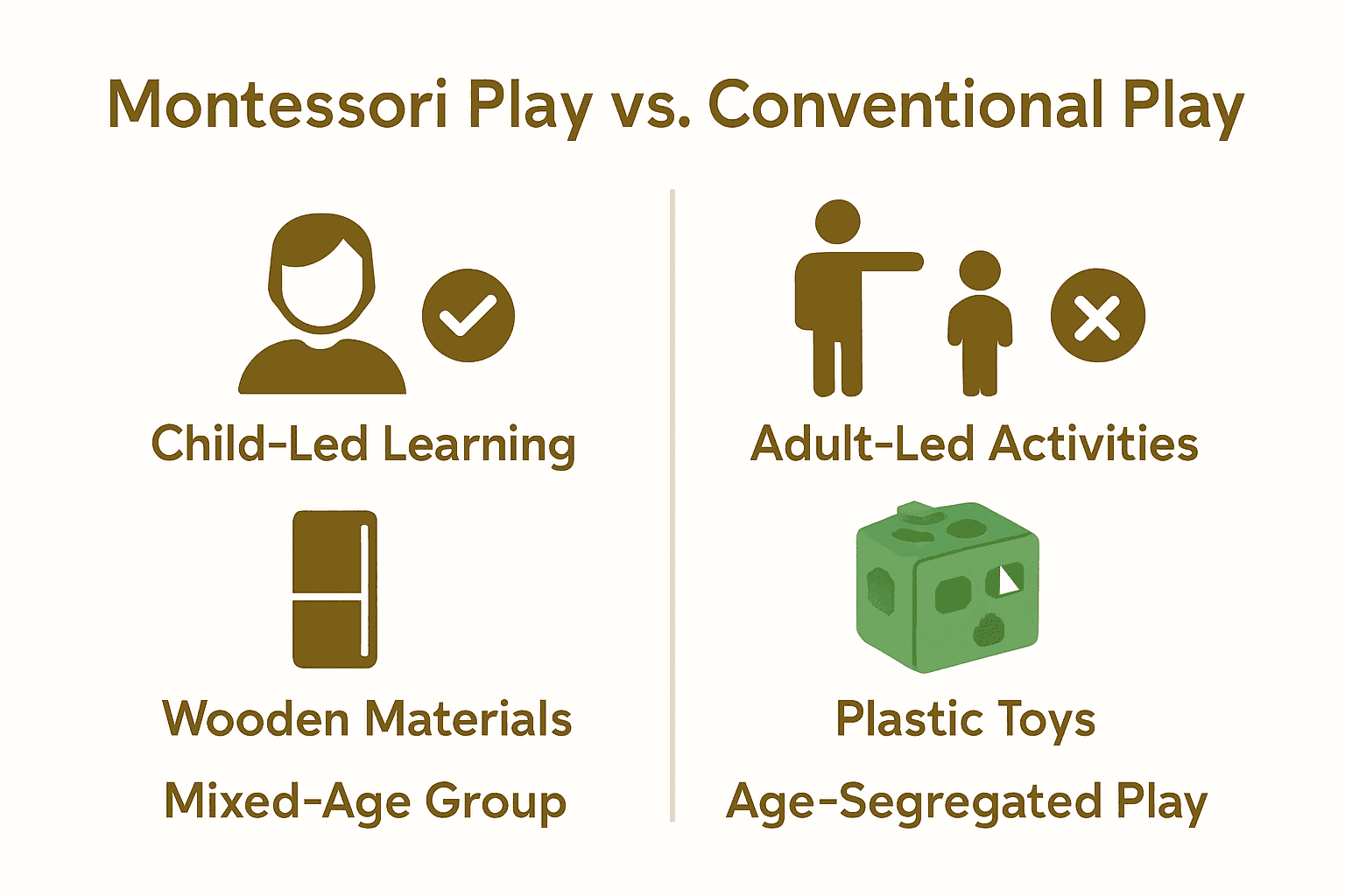 Infographic contrasting Montessori and traditional play with icons and brief comparison points.