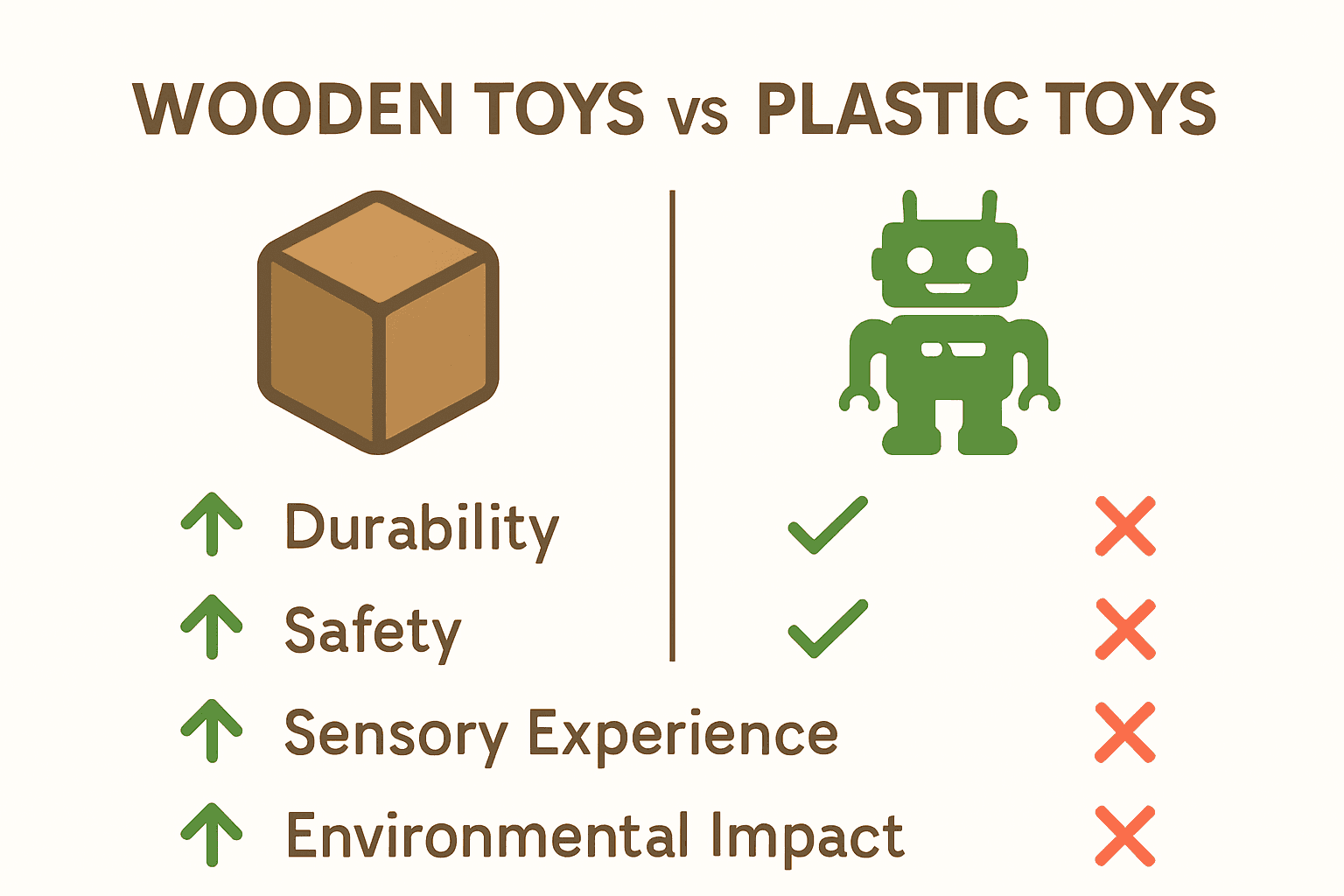 Infographic comparing benefits of wooden toys and plastic toys.