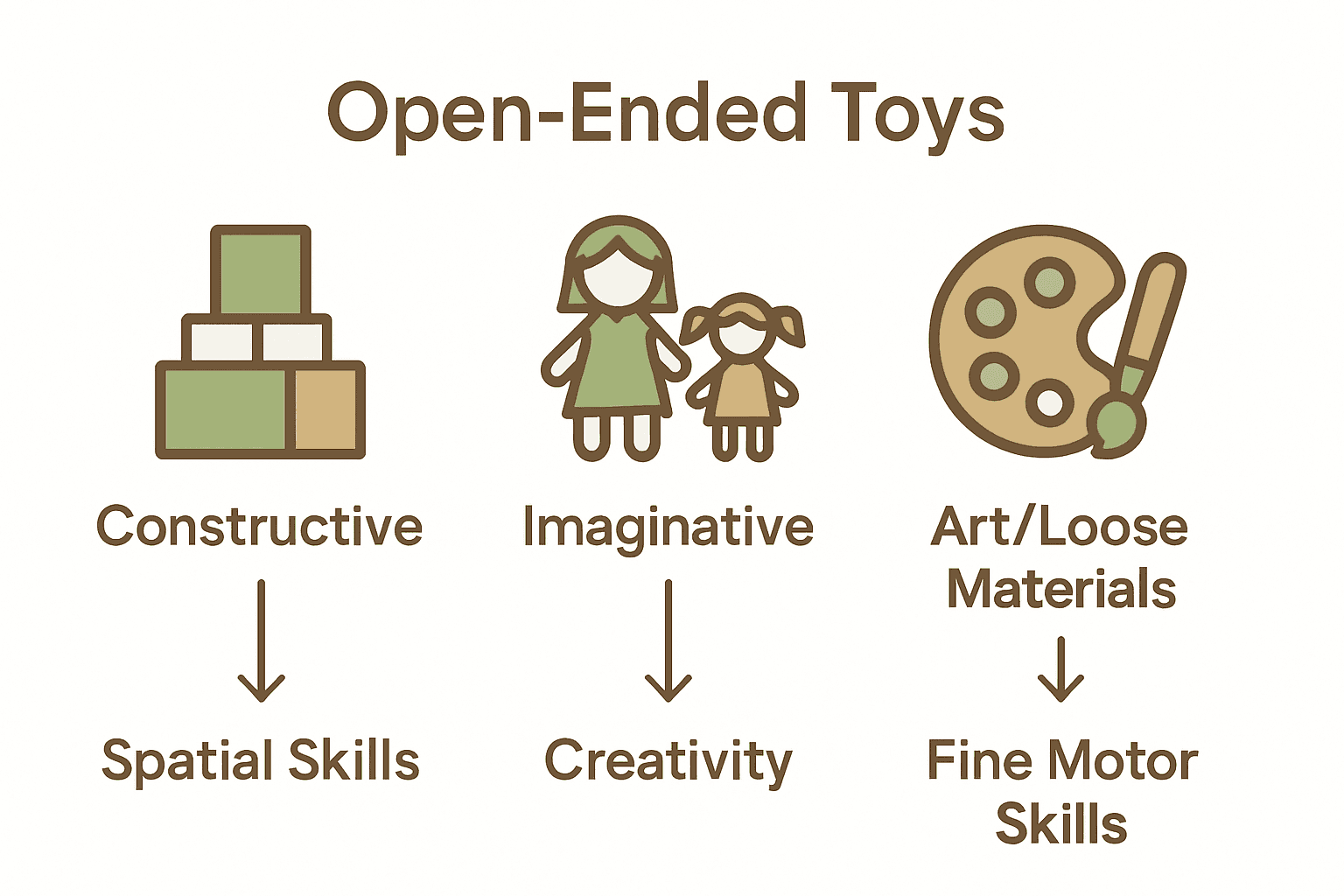 Infographic showing three types of open-ended toys and the skills each supports.