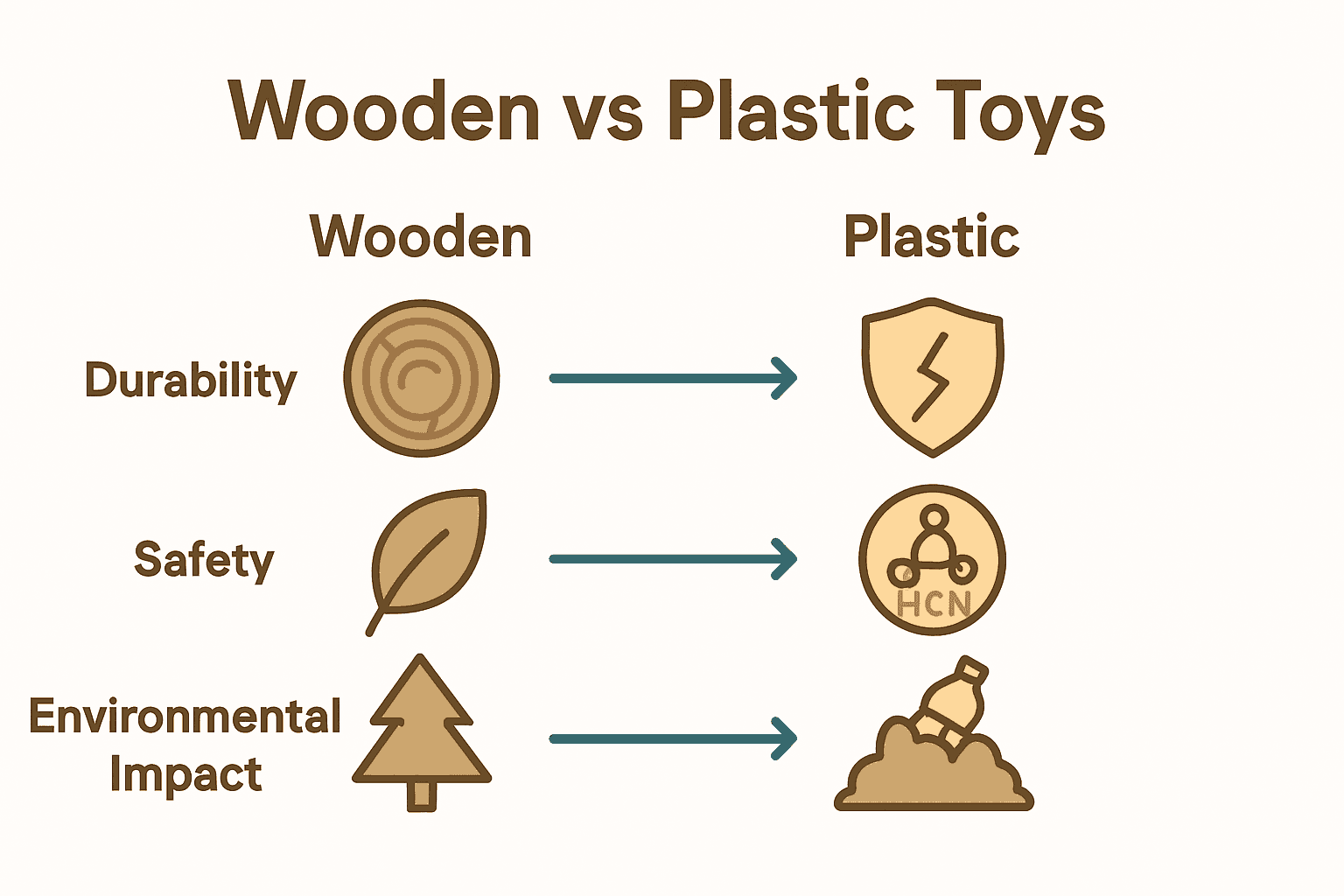 Infographic comparing safety, durability, and eco-friendliness of wooden vs plastic toys.
