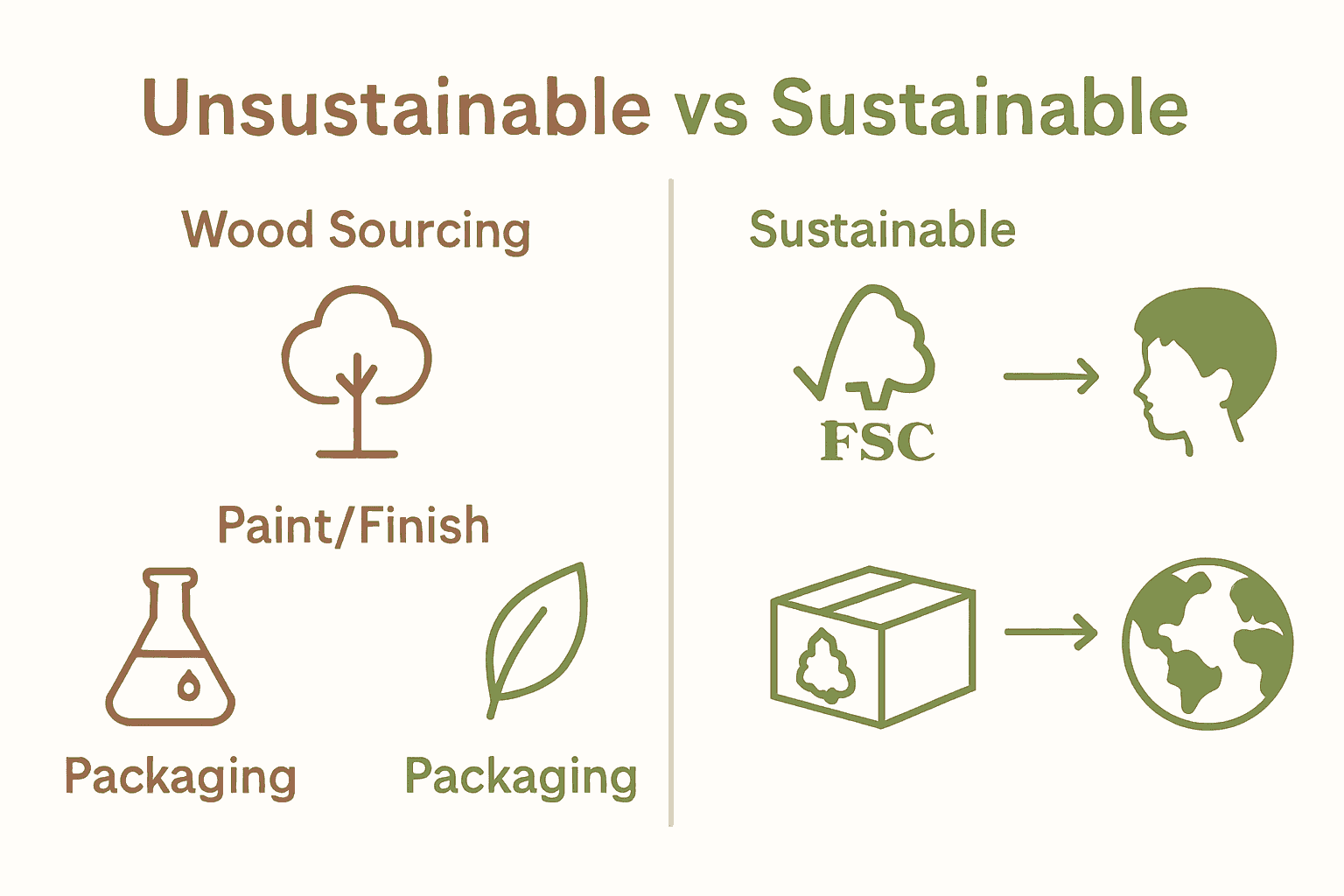 Infographic comparing unsustainable and sustainable wooden toy features.