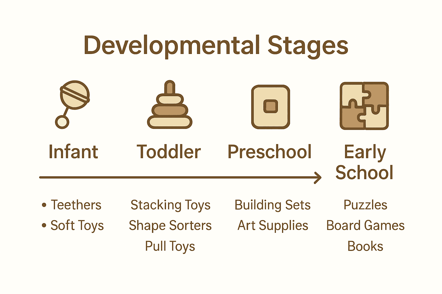 Infographic comparing recommended toys for each child development stage.