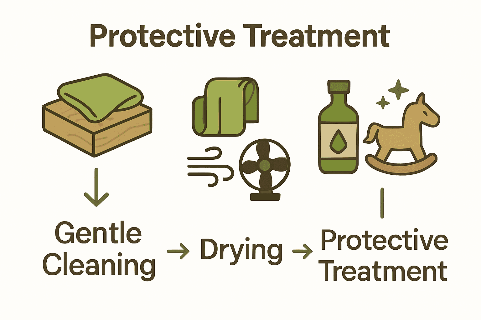 Three-step wooden toy care process infographic with icons for cleaning, drying, and oiling.