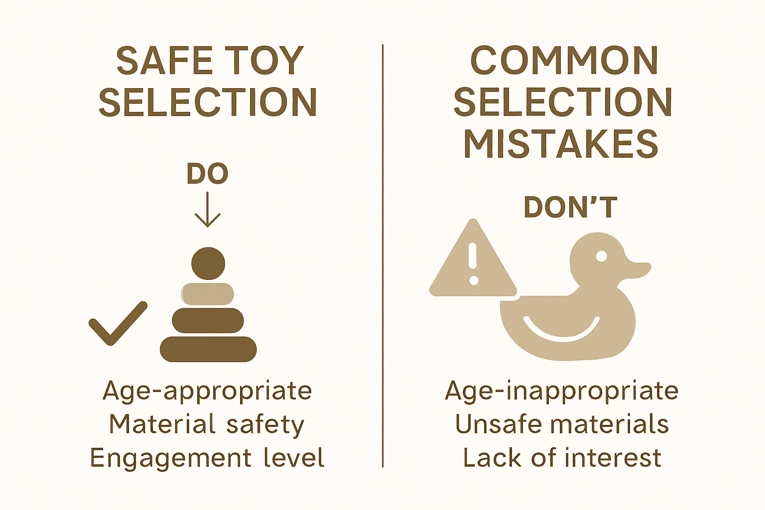 Infographic comparing safe toy selection practices and common mistakes for fine motor skills toys