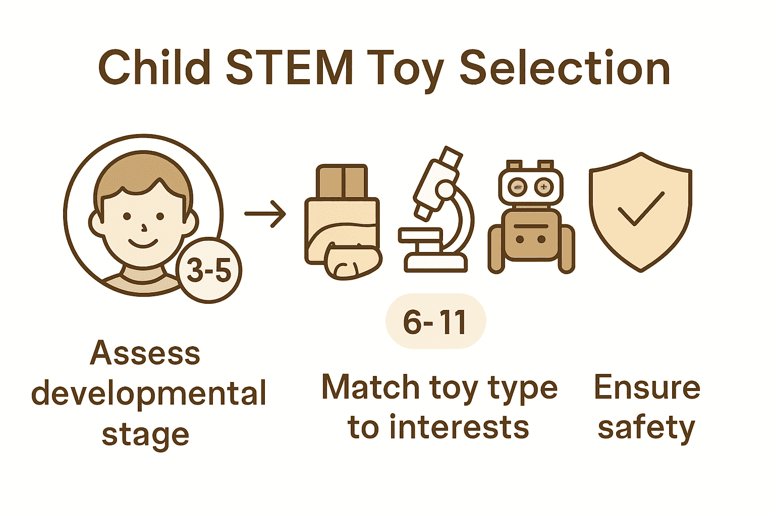 Infographic visualizing steps to choose age-appropriate and safe STEM toys for children.
