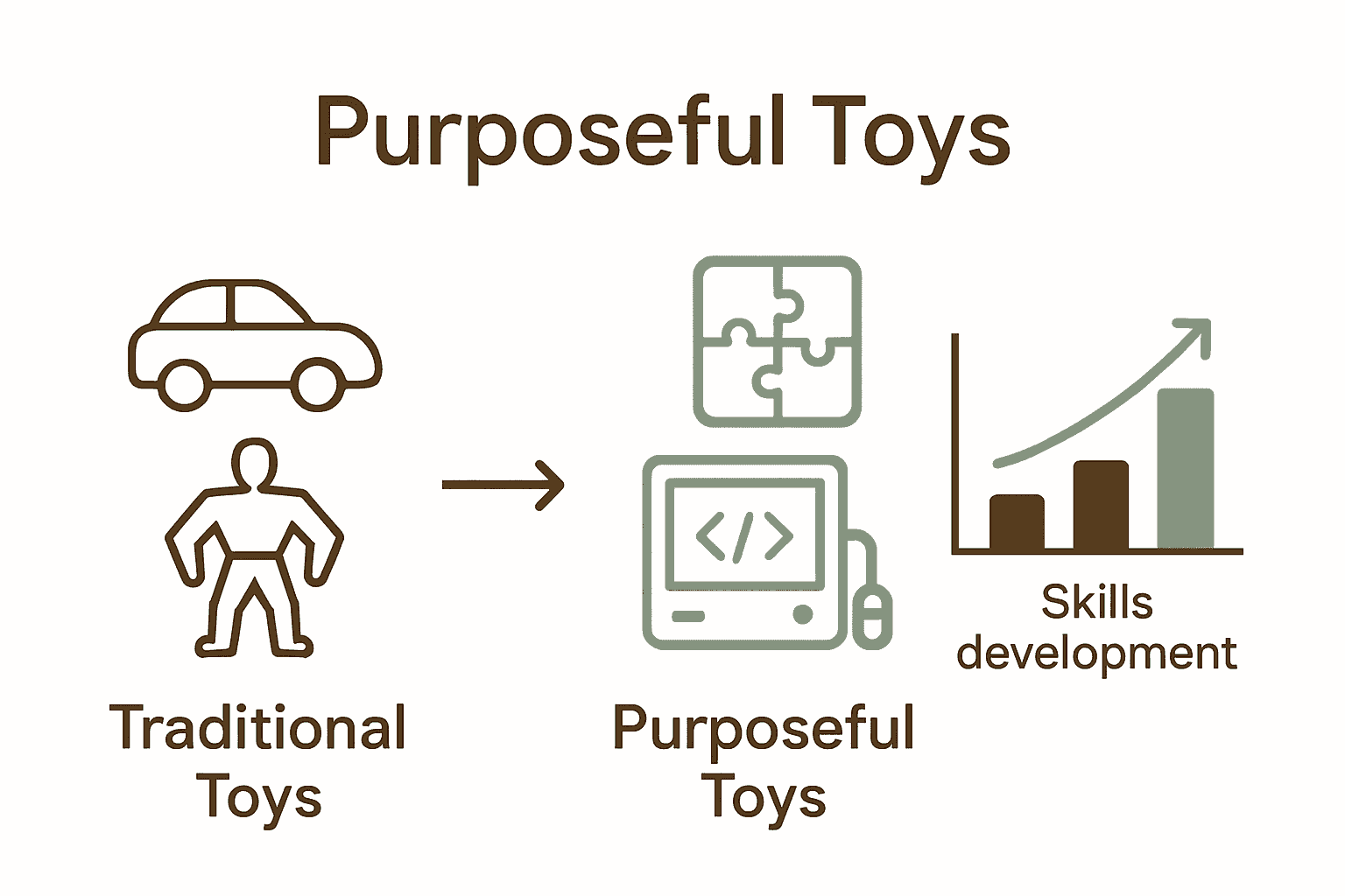Infographic comparing traditional toys versus purposeful toys using icons and a skills chart