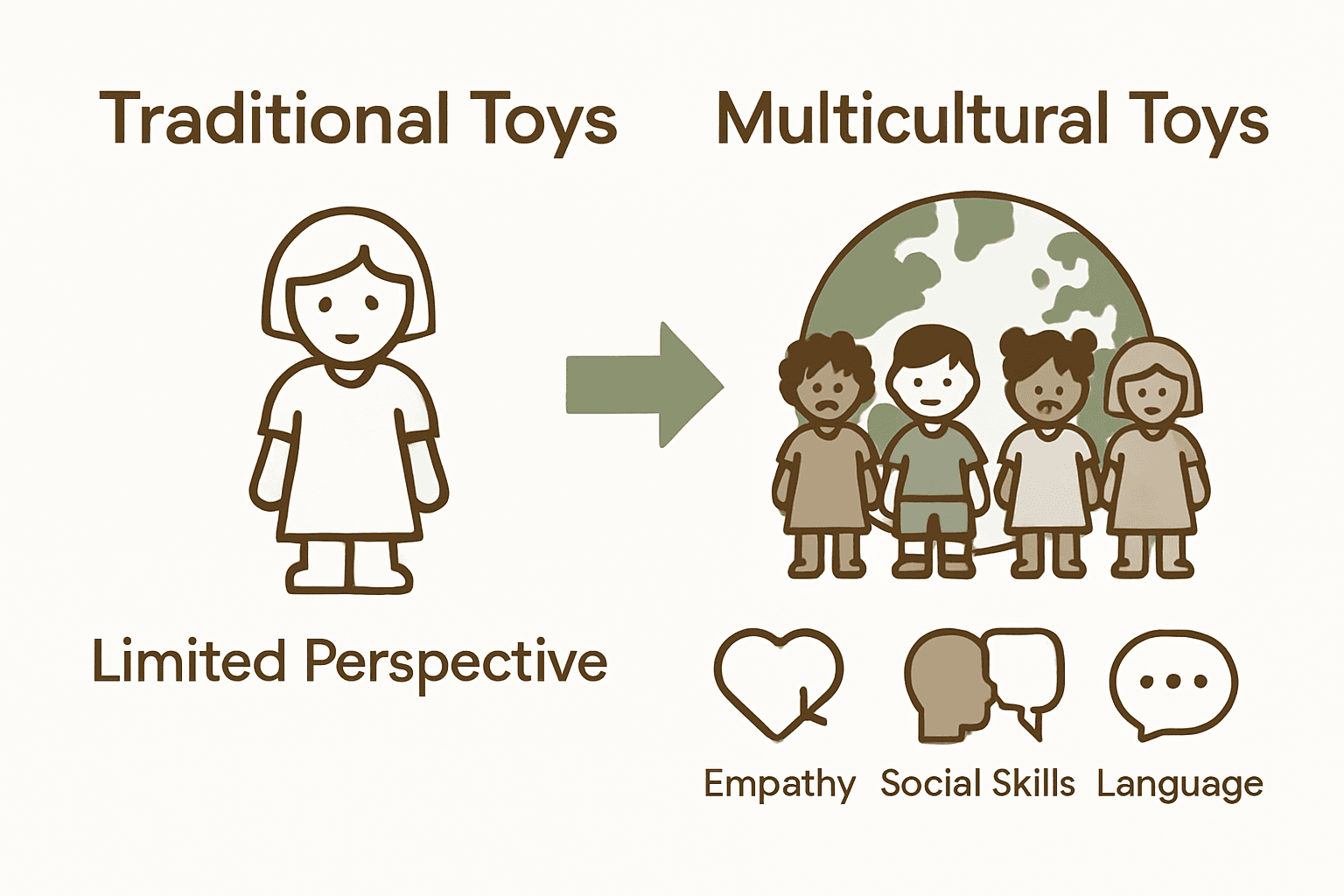 Infographic comparing traditional versus multicultural toys and their impact on child development.