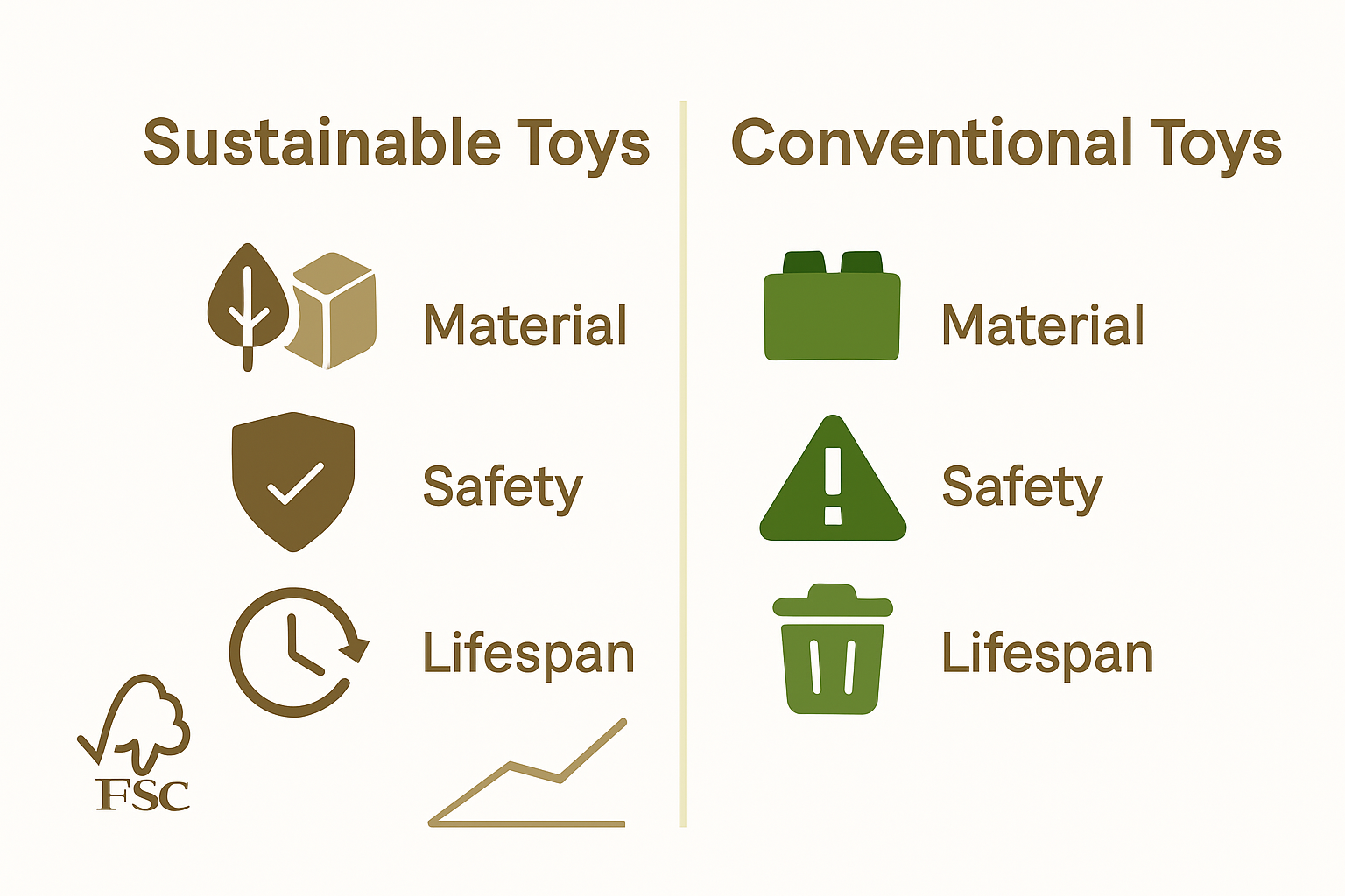 Infographic comparing sustainable toys and conventional toys with icons and charts.
