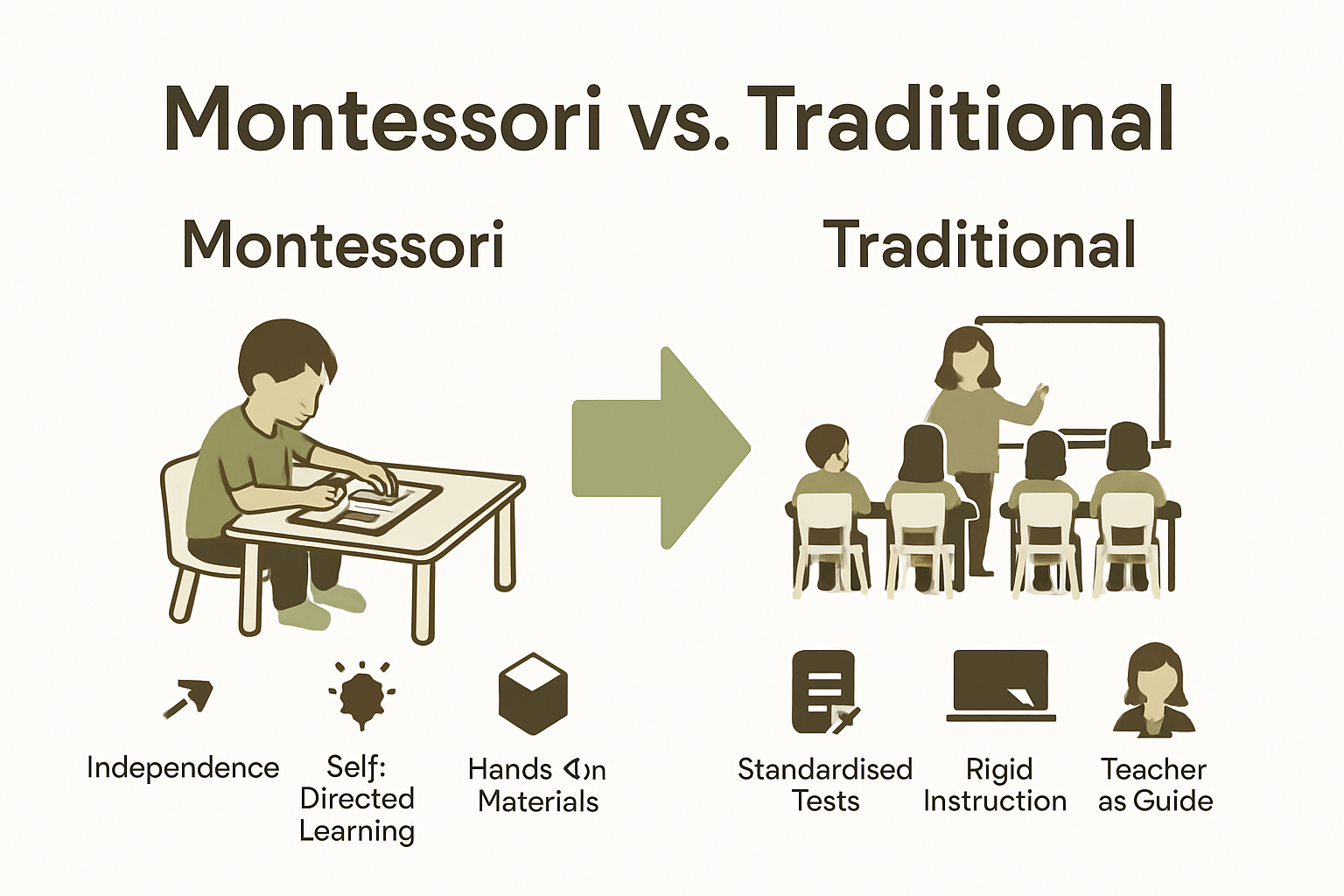 Infographic comparing Montessori and traditional classroom features