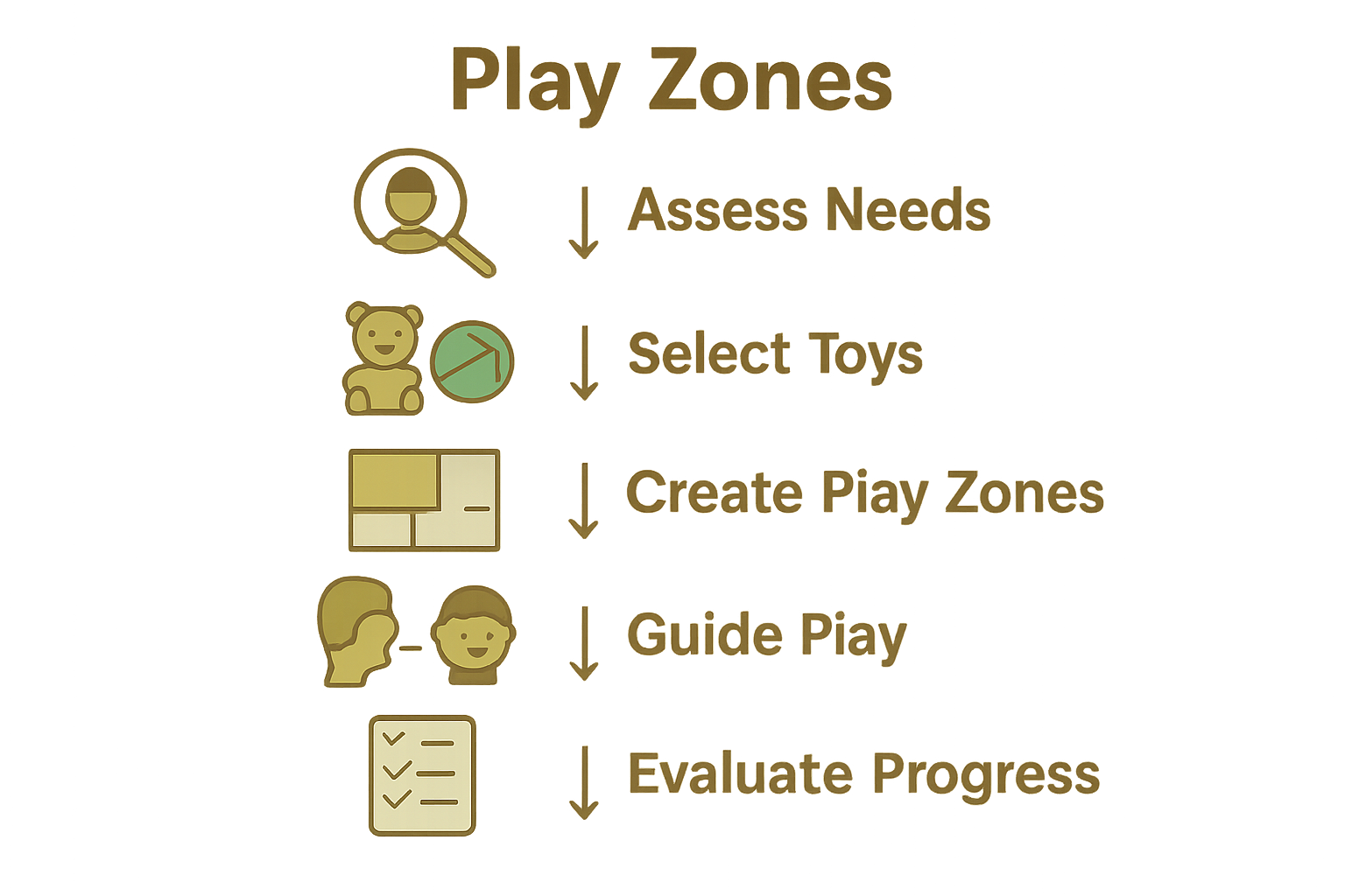 Five-step infographic for combining toys for learning showing assessment, selection, play zones, guidance, and evaluation.