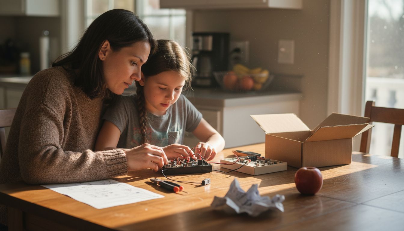 Mother and daughter working on kit at table