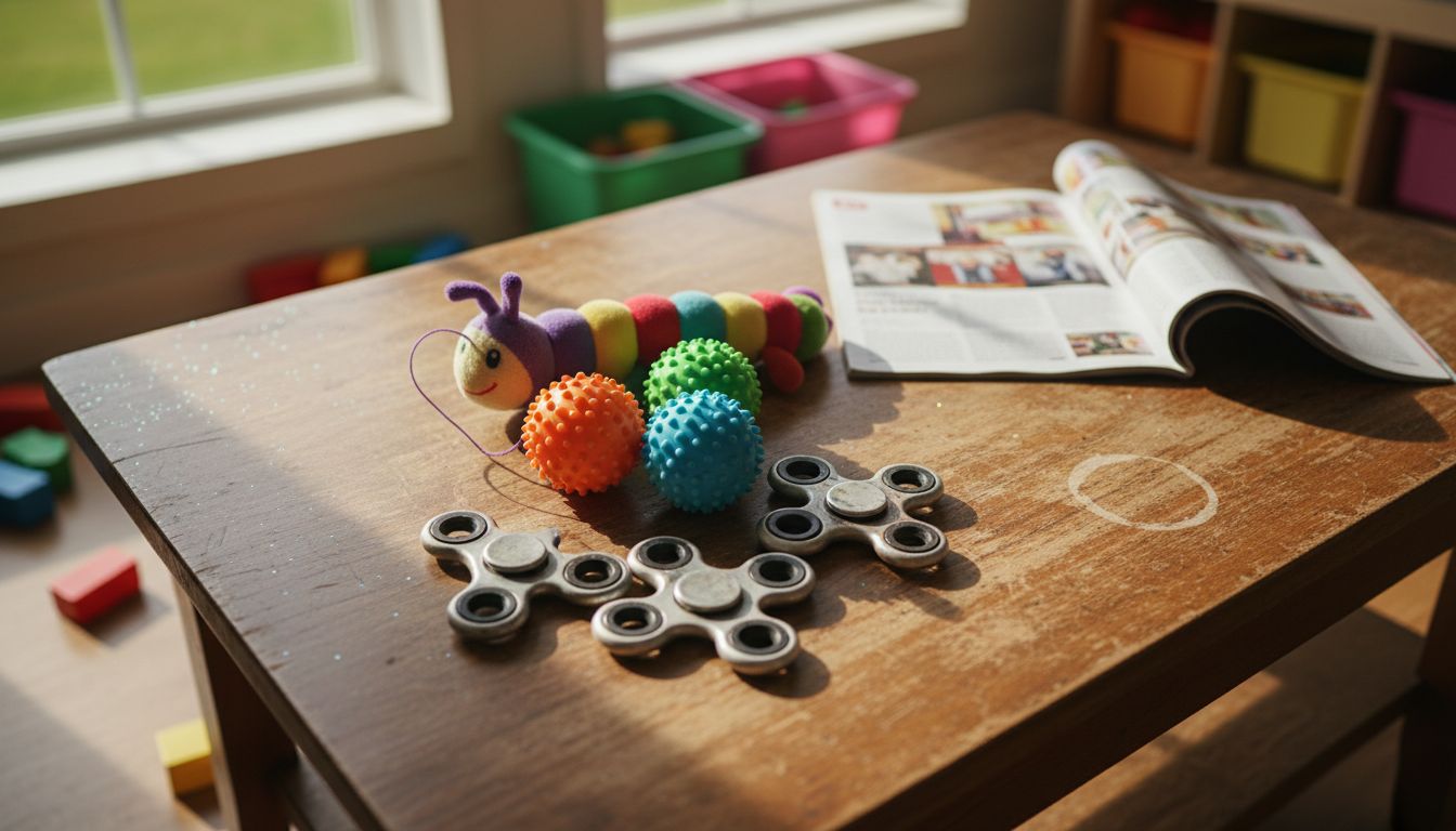 Selection of sensory toys scattered on table