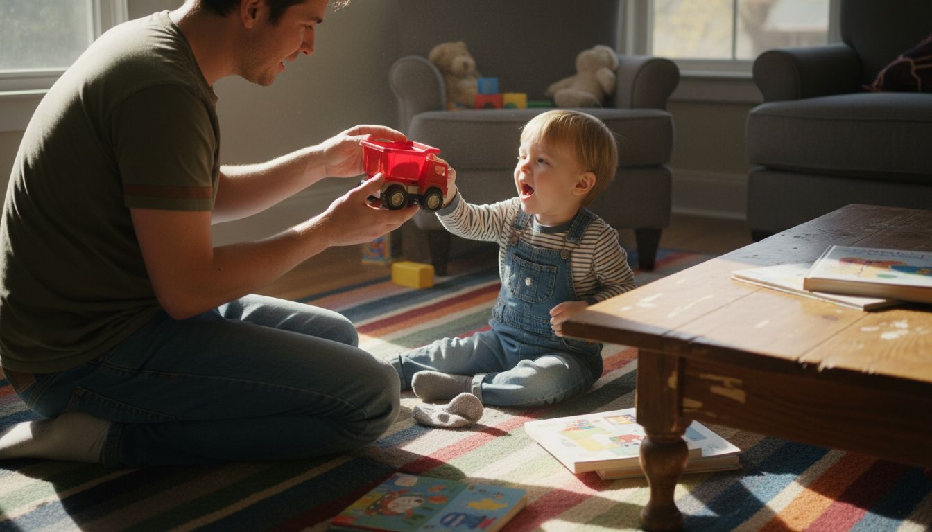 Parent and child talking over toys