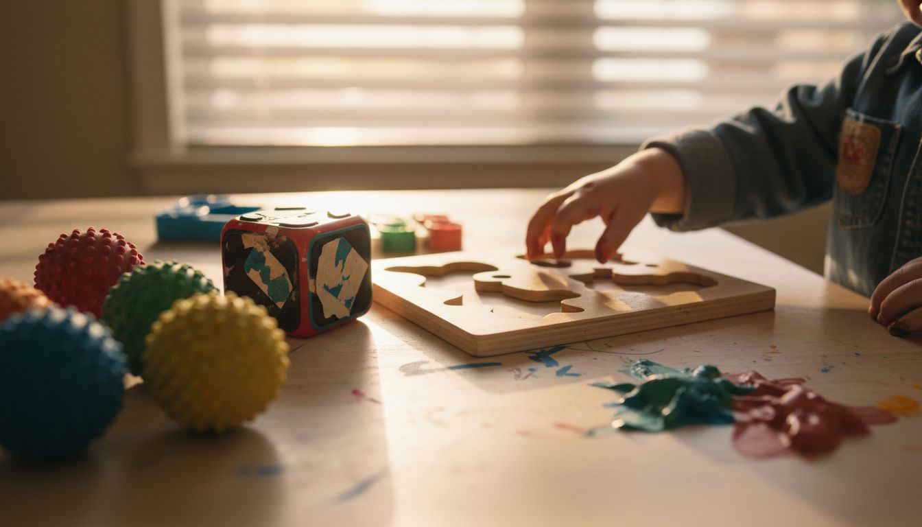 Close-up of various tactile toys on table