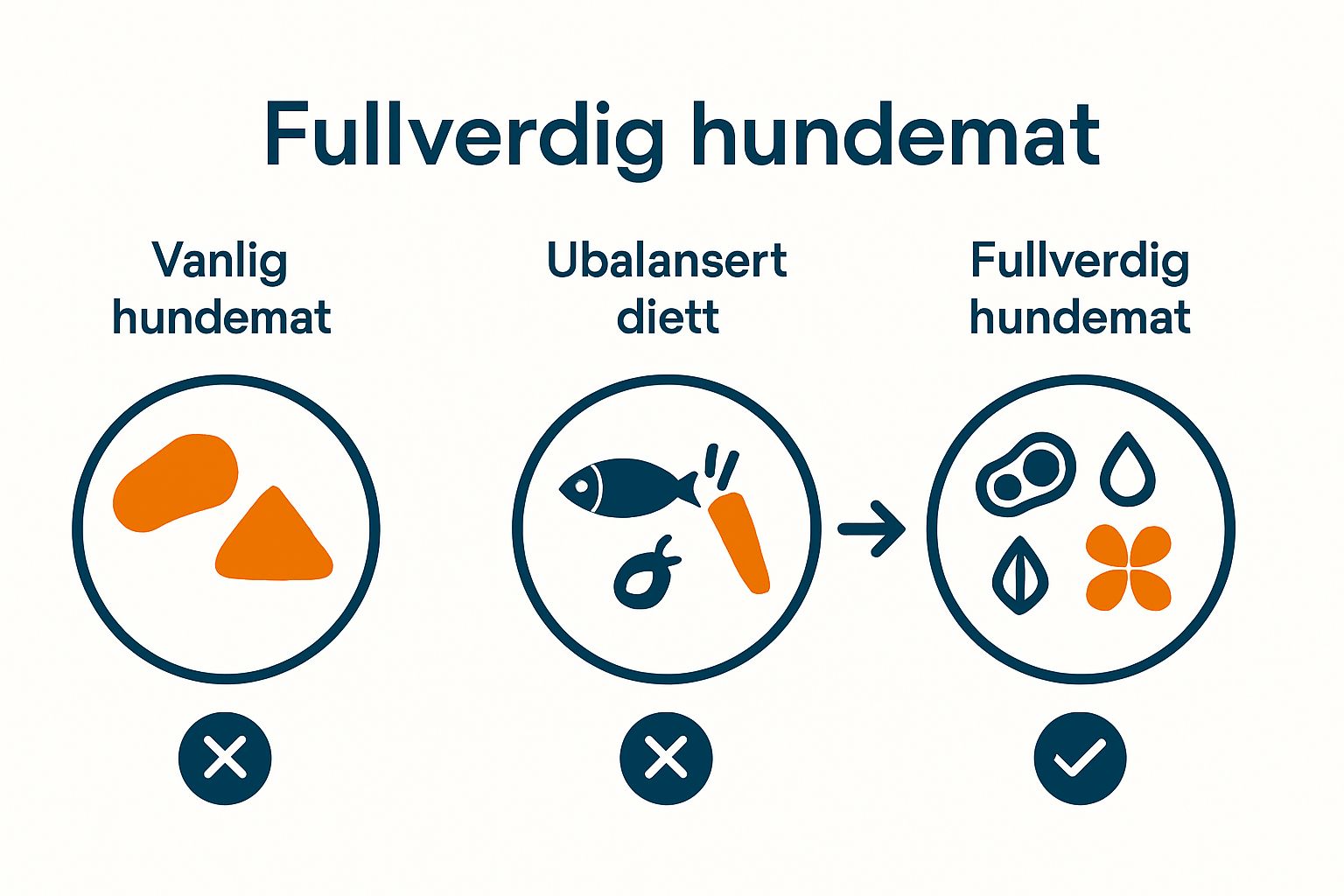 Infographic with three plates showing balanced and unbalanced dog food nutrient distributions