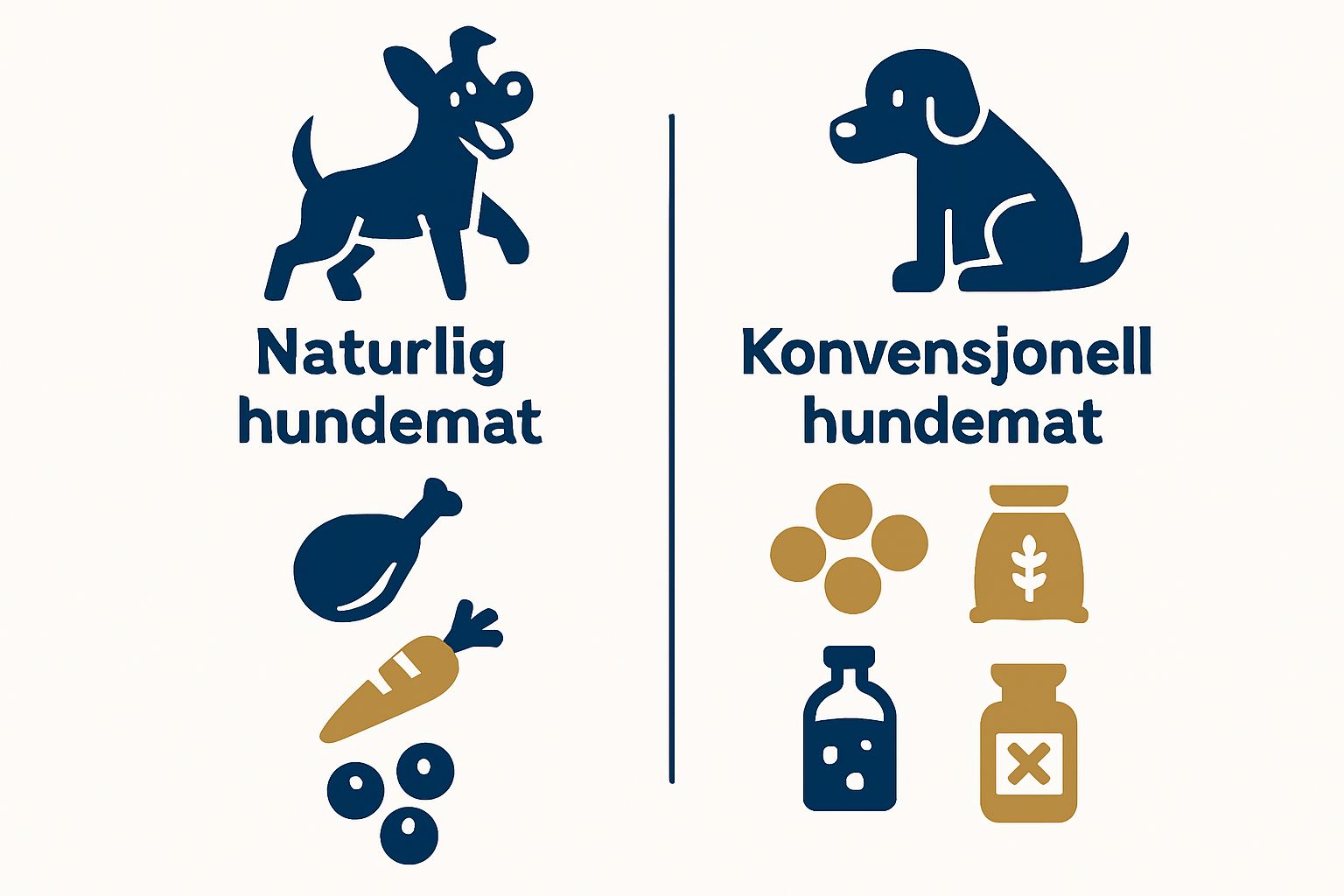 Enkel sammenligning av naturlig hundemat og vanlig hundemat ved hjelp av ikoner.