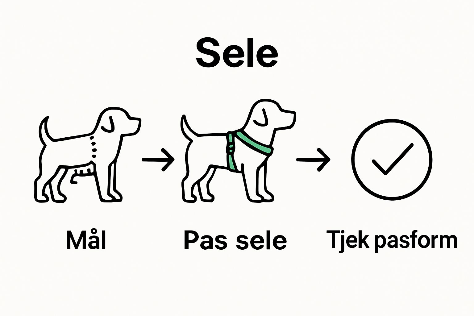 Step-by-step visuals for måling og tilpasning af hundesele.