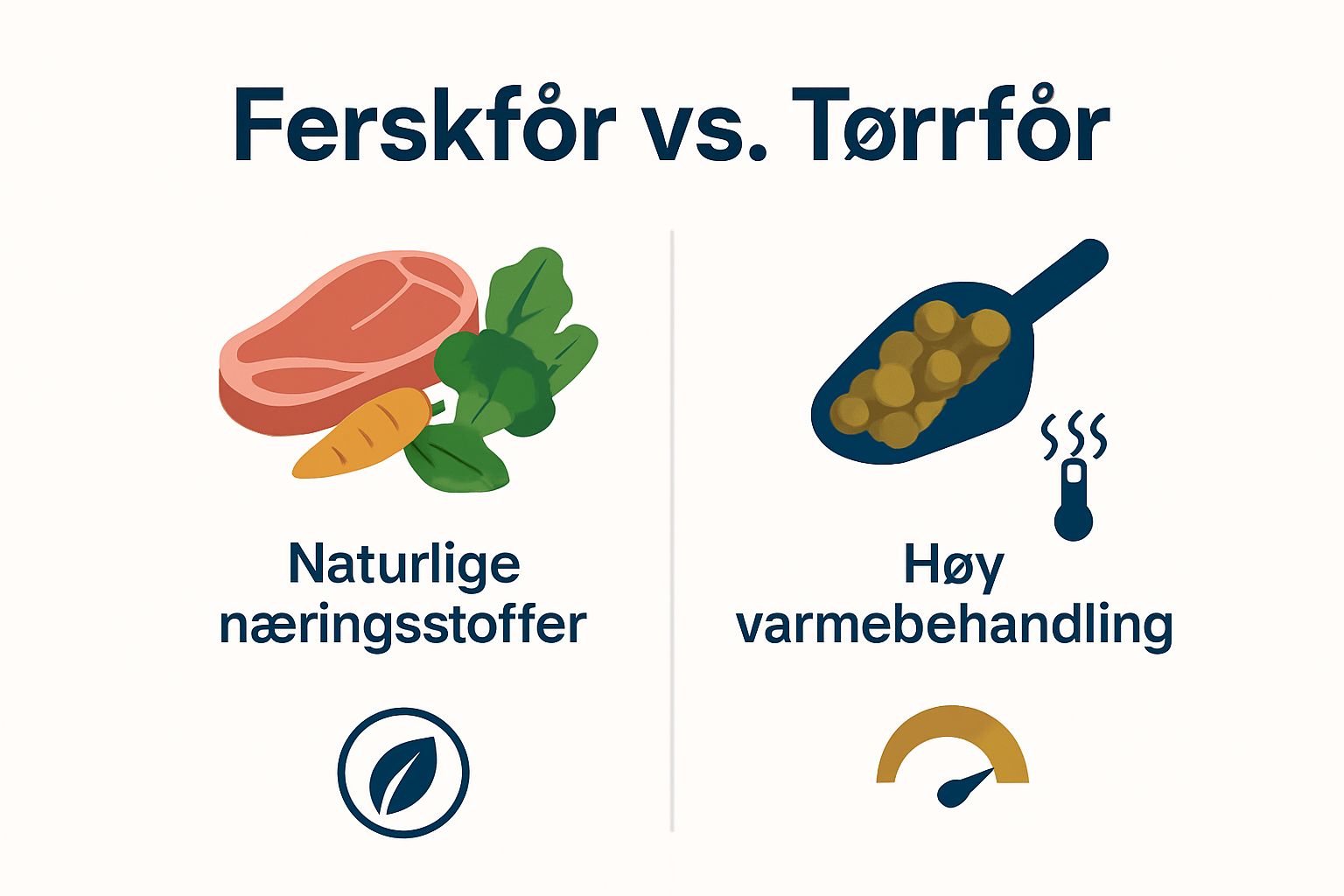 Infografikk som sammenligner ferskfôr og tørrfôr for hunder