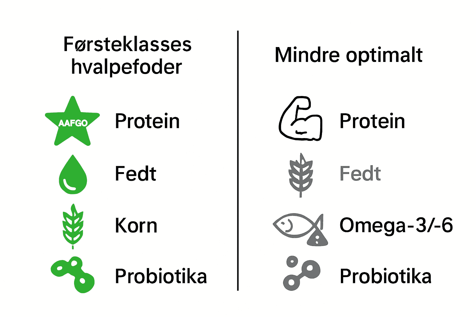 Infografik sammenligner førsteklasses og mindre optimalt hvalpefoder med ikoner for protein, fedt, korn, omega og probiotika.