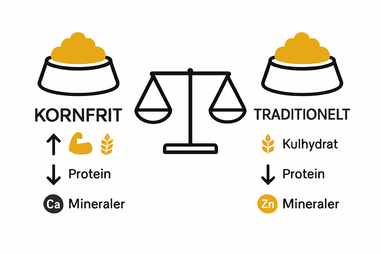 Infografik sammenligner kornfrit og traditionelt hundefoder