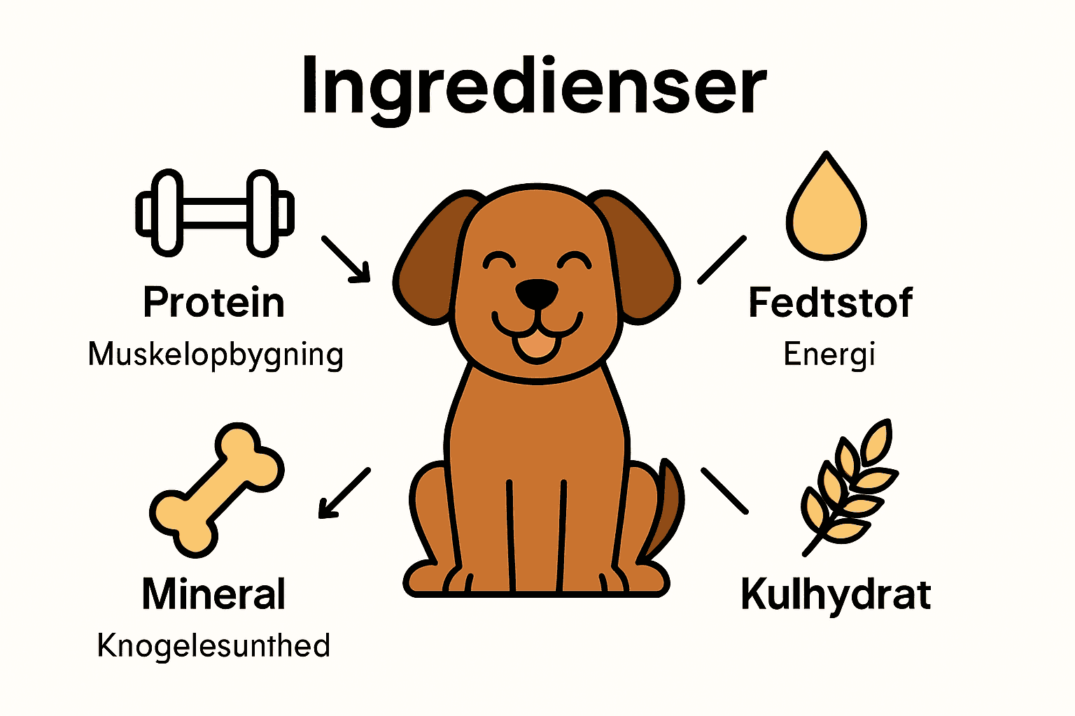 Infografik der viser vigtige ingredienser i kvalitets hundefoder