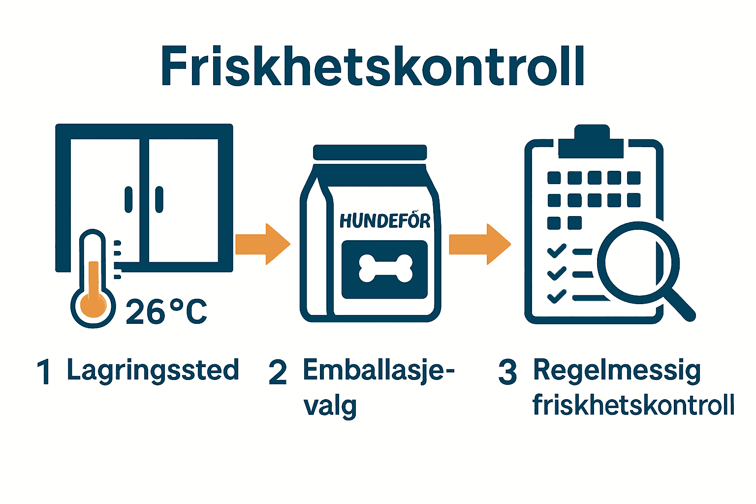 Infografikk med tre trinn for trygg oppbevaring av hundefôr hjemme.