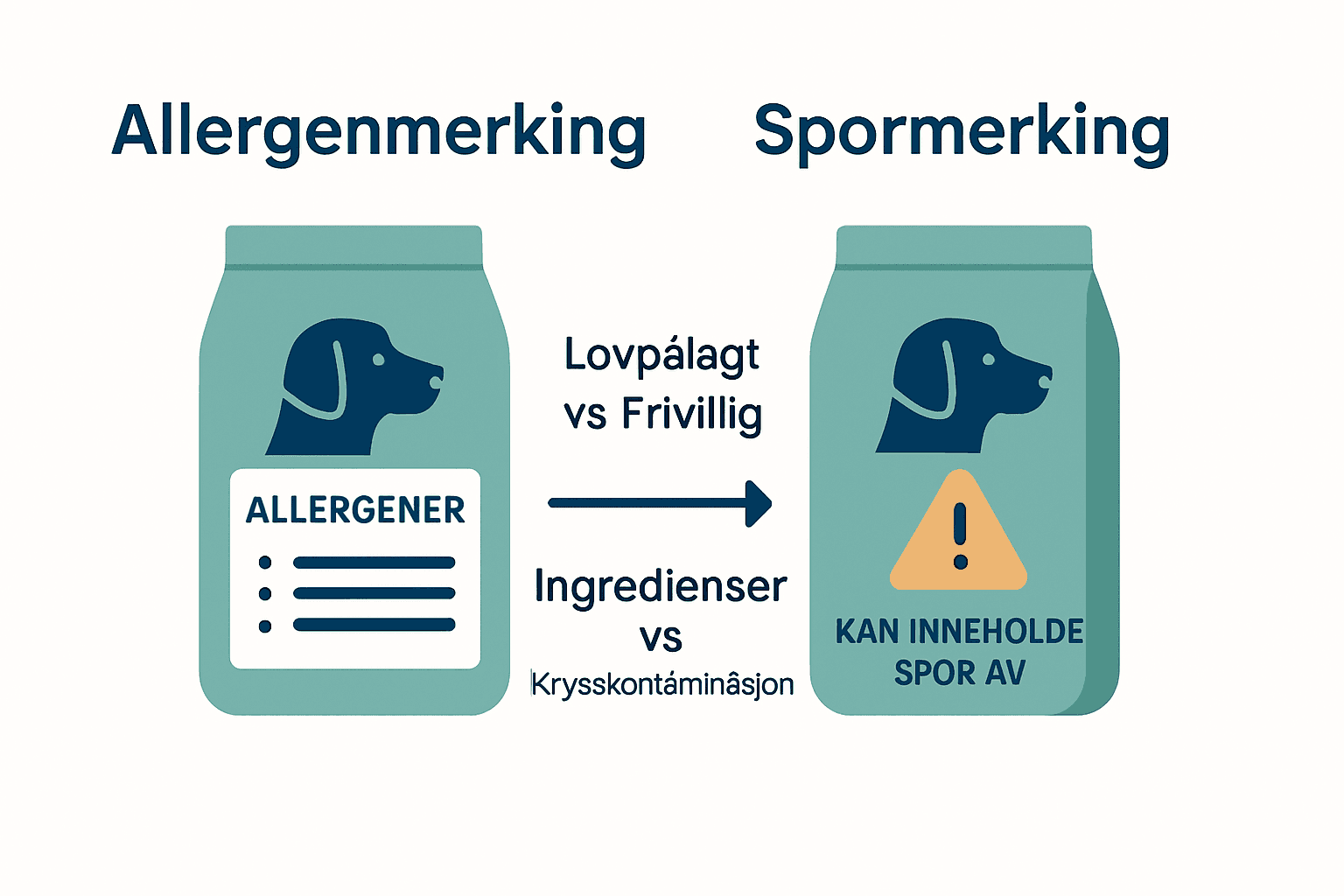 Sammenligning mellom allergenmerking og spormerking på hundematemballasje.