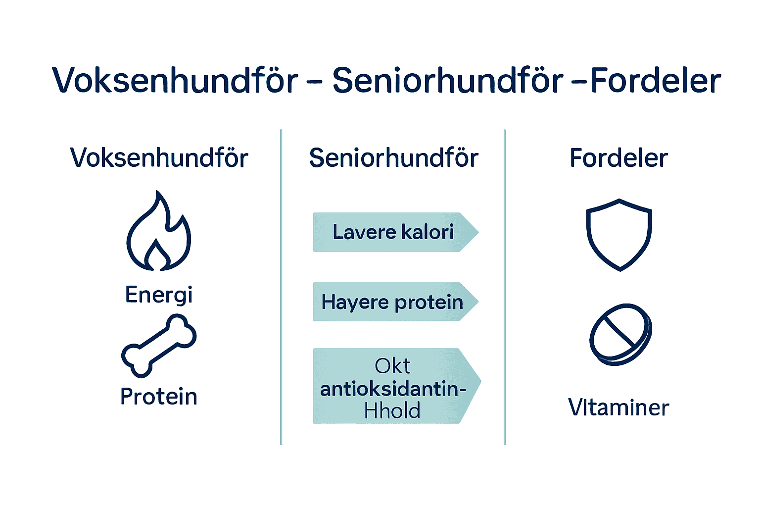 Sammenlikning av voksen- og seniorhundfôr med ikoner og piler.