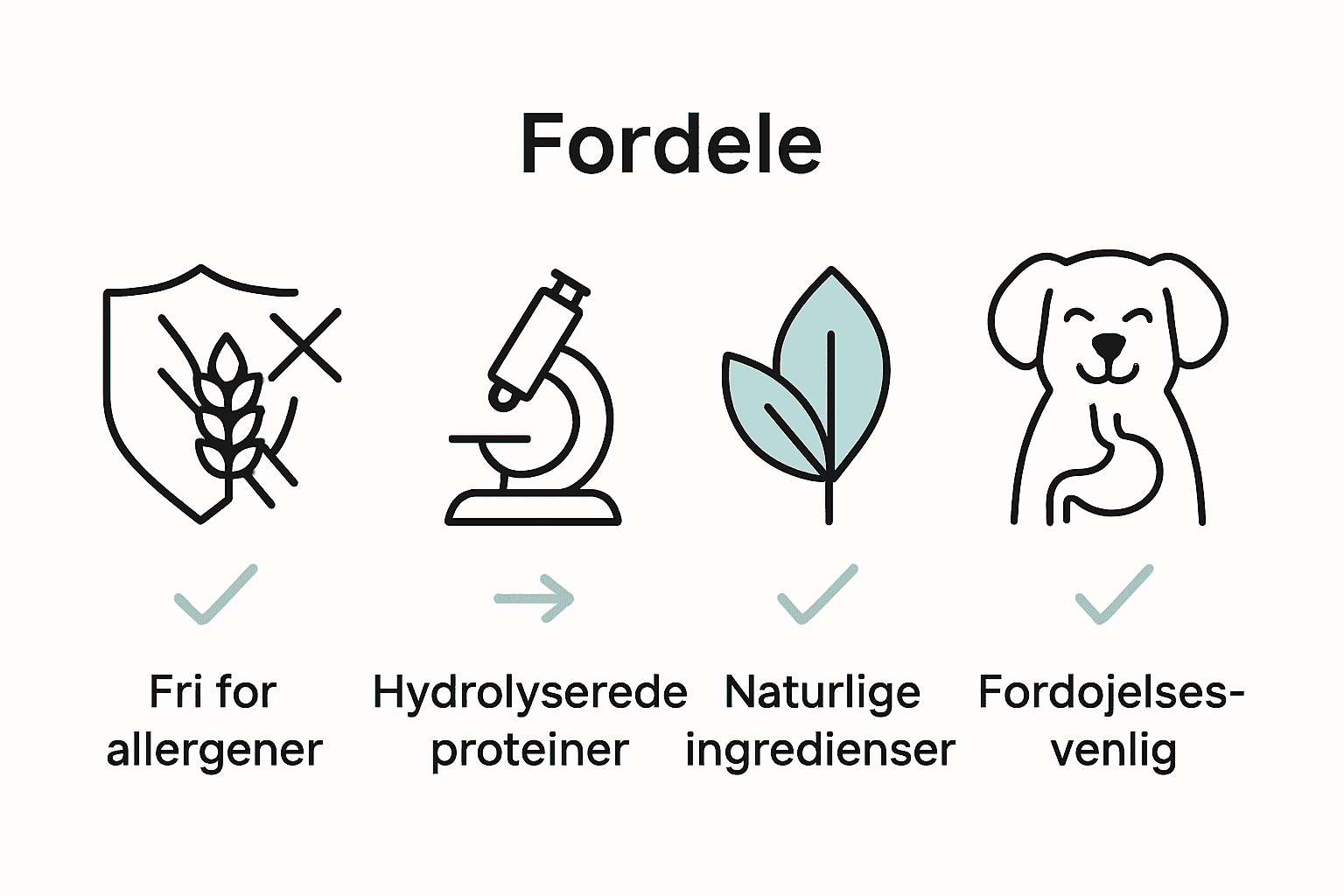 Infografik: nøgleværdier i allergivenlige hundegodbidder visualiseret med fire ikoner
