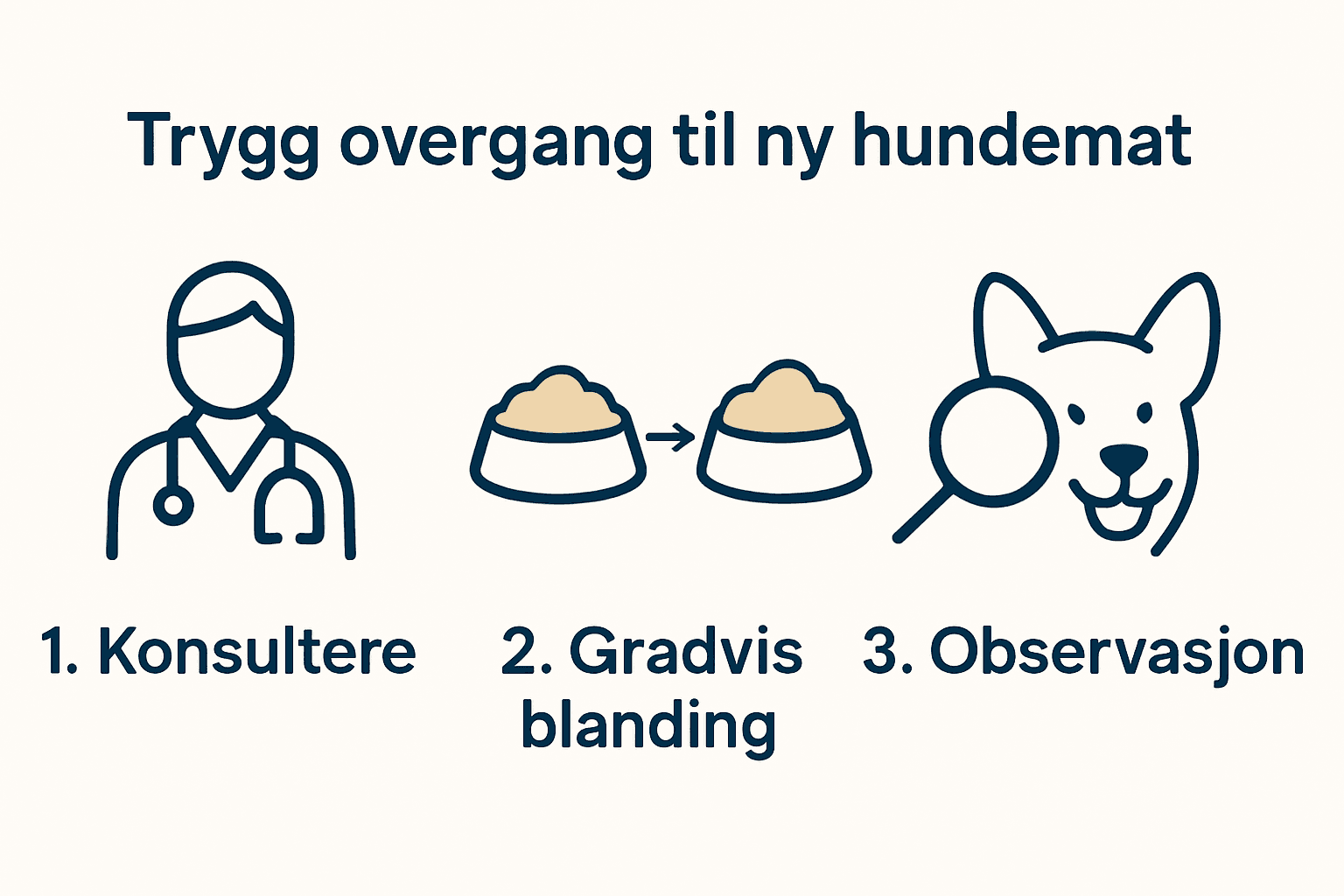 Infografikk med tre trinn for trygg overgang til ny hundemat